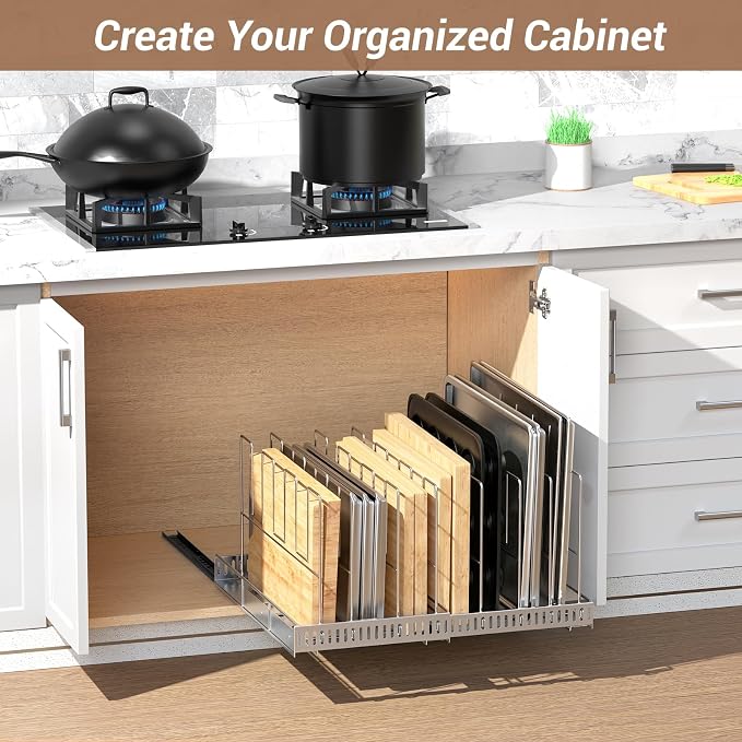 Housolution Pull Out Baking Tray and Cookie Sheet Cutting Board Organizer | 13"-22" Expandable, 21.5" Deep, 8 Adjustable Dividers, Slide Rail Design, Stainless Steel Structure, Adhesive/Screw Fixing - Image 9