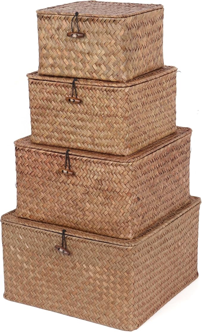 Moosky Wicker Shelf Baskets with Lid, Handwoven Seagrass Storage Basket Bins Square Gift Boxes for Shelves Home Decor Organizer (Coffee, Large) - Image 6