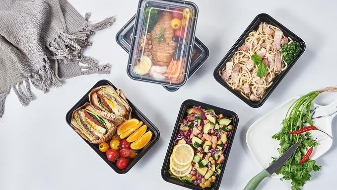 Jaluxing 32 oz 50Pack Plastic Meal Prep Food Storage Containers with Lids Reusable 1 Compartment To Go Lunch Box Black Extra Large &Thick Microwave Freezer Safe BPA Free Stackable (Formerly FULING) - Image 6