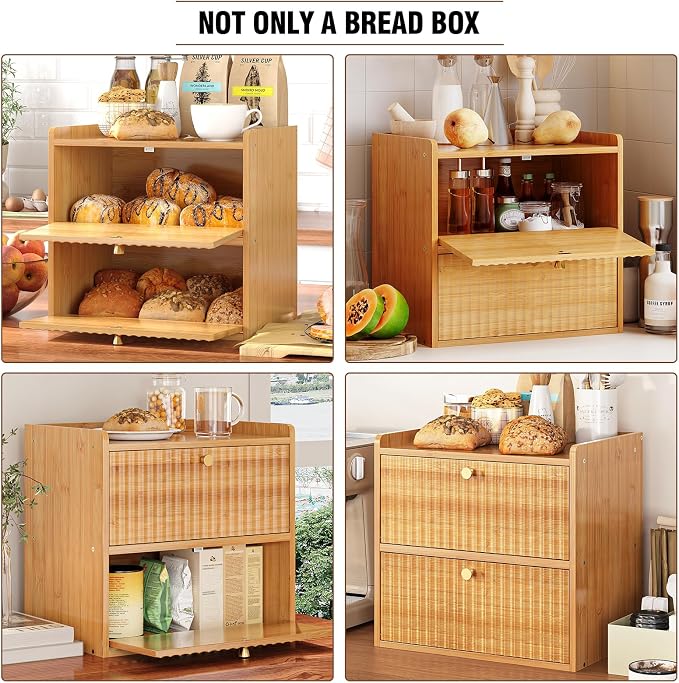 Trironsun Rustic Bread Box for Kitchen Countertop Bamboo Bread Storage Container Bin Double Layer BreadBox Farmhouse Large Capacity Food Organizer (Natural Bamboo) - Image 8