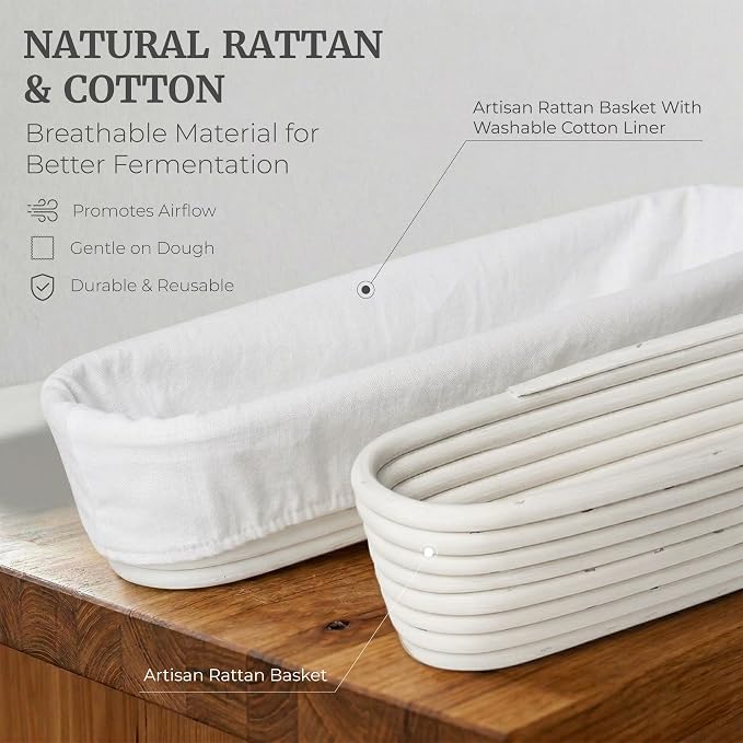 15 Inch Baguette Proofing Basket Set of 2 for Sourdough & French Bread | Handwoven rattan banneton with removable cotton liners; shapes & rises dough before baking; recipe eBook included - Image 8