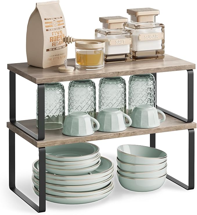 SONGMICS Cabinet Organizer Shelf, Set of 4 Kitchen Counter Shelves, Kitchen Storage, Spice Rack, Stackable, Expandable, Metal and Engineered Wood, Ink Black and Heather Greige UKCS022X02 - Image 8