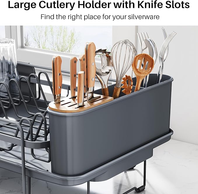 SNTD Large Dish Drying Rack for Kitchen Counter, Expandable, Grey | Stainless Steel Dish Drainer, Adjustable Length 18.9''-29.3'', Automatic Drainage, 360° Spout, Cutlery Holder with Knife Slot - Image 9