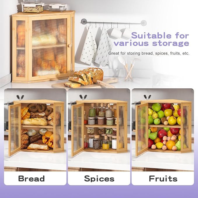 Corner Bread box for Kitchen Countertop,Farmhouse Bread Box with Acrylic Wavy Door Panel,Large Bread box for kitchen countertop,Food Storage Container (Natural, Extra Large) - Image 7