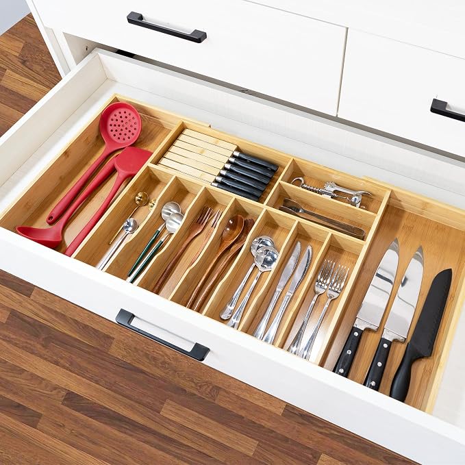 VaeFae Extra Large Kitchen Utensil Holder, Bamboo Silverware Drawer Organizer, Expandable Cutlery Organizer with Knife Block, Multifunctional Drawer Divider (10-12 compartments) - Image 6
