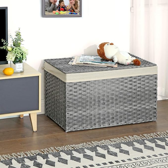 SONGMICS Storage Basket with Lid, Woven Blanket Storage Bin with Handles, Foldable, Removable Liner, Metal Frame, for Bedroom, Laundry Room, 42.3 Gallons (160 L), Gray URST76WG - Image 9
