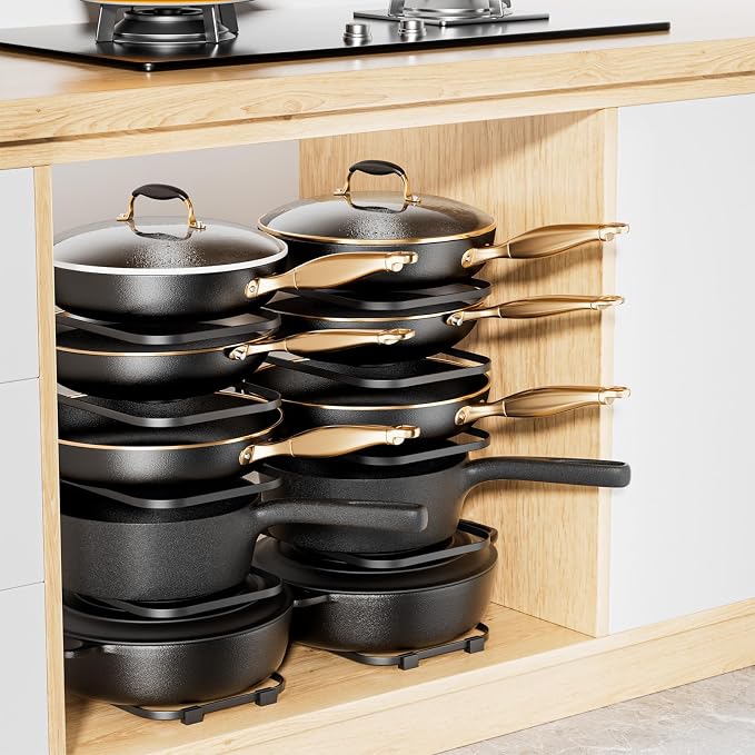 5-Tier Pot and Pan Organizer 13.6", No Assembly Cookware Rack 2-Pack | One-piece Design, Multi-height Layered,Anti-Tip Structure, Dual Vertical & Horizontal Use, Fits Cast Iron Pans & Dutch Ovens - Image 7