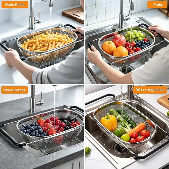 Palksky Over the Sink Colander, Stainless Steel Fine Mesh, 6 Quart 2 Pack | Expandable handles fit most sinks; fine mesh drains pasta, rice & produce - Image 7