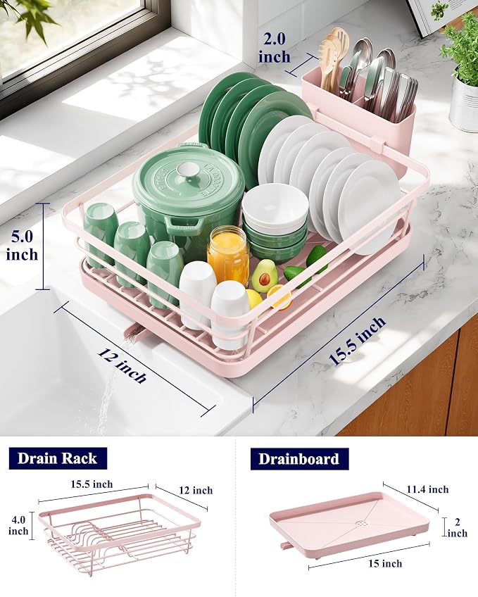 Kitsure Dish Drying Rack for Kitchen Counter, 12''W x 15.5''L, Pink | Stainless Steel Sink Organization, Cutlery Holder, Home and Appartment Decor - Image 2