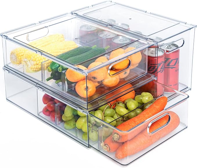 Mano 3PackFridge Drawer Pull Out Stackable Bins with Handle Clear Refrigerator Drawers Organizer Food Storage Container Box with Dividers Plastic Produce Saver for Pantry, Cabinet, Kitchen(2L+1XL) - Image 8