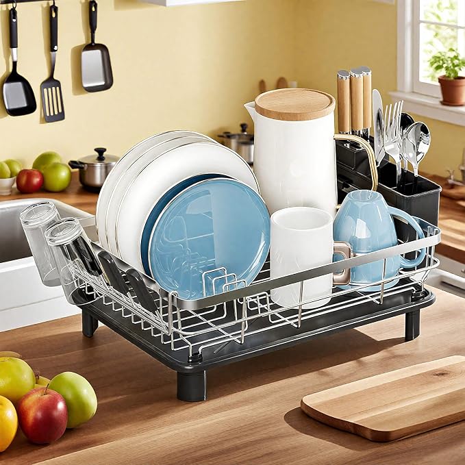 MOUKABAL Stainless Steel Dish Drying Rack for Kitchen Counter, Black Silver | 13×17 Large Capacity/Drainboard with Rotating Spout/Removable Cup & Utensil Holders/Fast Drainage/Countertop Dish Drainer - Image 8