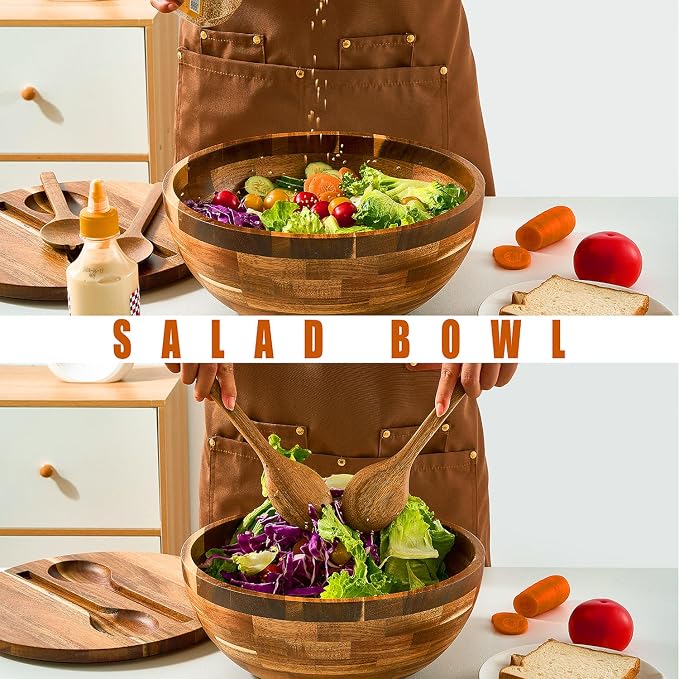 JOYMAY Salad Bowls Wood Salad Bowl Set with Lid 11.8 Inch Large Wooden Bowls Set Acacia Wood Serving-Bowl with Serving Utensils Bowl for Kitchen, Dining, Party - Image 9