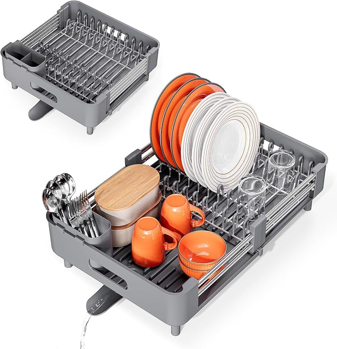 Urackify Extendable Stainless Dish Drying Rack for Kitchen Counter, Gray | 13.78"W x 18.7"L, Foldable Drainboard for Space Saving, Knife and Utensil Holder, Fast-draining Spout - Image 9
