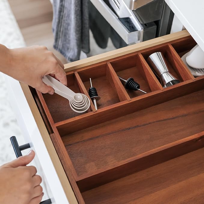 Utensil & Junk Drawer Organizer, 10.5-18.5 in, Acacia | Food-safe contract grade, 100% sustainable wood, non-slip, adjustable - Image 7