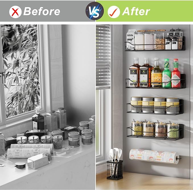 Magnetic Spice Rack for Refrigerator, 6 Pack Strong Magnet Spice Organizer with Paper Towel Holder, Utensil Holder, Moveable Magnetic Fridge Shelf for Kitchen Organization and Storage (Black) - Image 7