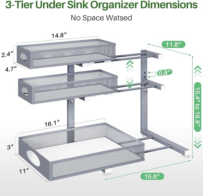 Kitstorack Under Sink Organizer 3-Tier Slide Out Drawer 1-Pack Grey | Height Adjustable, Metal Mesh Storage Rack, Pull out Cabinet Organizer Shelf for Bathroom Kitchen Pantry Home Organization - Image 9