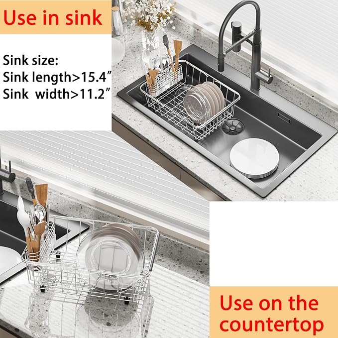 NiuYichee Stainless Steel Dish Drying Rack(15"L X 11"W X 4.1"H), Expandable Fruit & Vegetable Drain Rack over Sink, Dish Drainer Rack in Sink, with Stainless Steel Utensil Holder & Silicone Mat(16") - Image 9