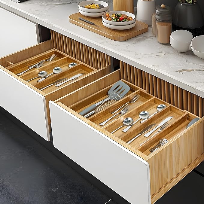 VaeFae Bamboo Drawer Organizer, Large, Acacia | Expandable Silverware Organizer, Kitchen Utensil Storage, Wooden Cutlery Tray with Dividers, Fork and Spoon Holder - Image 7