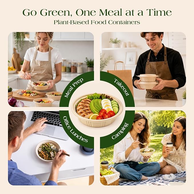 100 Piece (50 Pack) Meal Prep Bowl Containers with Lids, Cornstarch Round Food Containers for Lunch Salad Deli Soup, BPA Free Plant-based Take Out Containers Microwave & Freezer Safe, 16 oz - Image 9