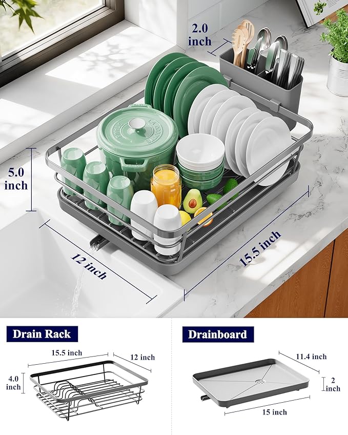 Kitsure Dish Drying Rack for Kitchen Counter, 12''W x 15.5''L, Grey | Stainless Steel Sink Organization, Cutlery Holder, Home and Appartment Decor - Image 2