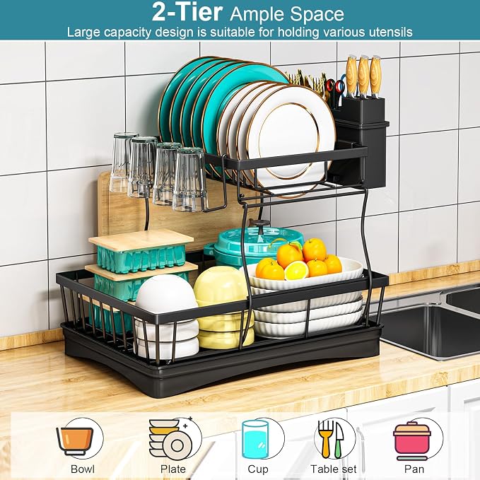2 Tier Dish Drainer Rack for Kitchen Counter - Space-Saving Dish Rack with Utensil Holder, Large Capacity Dish Drying Rack with Draining Board, Black - Image 7