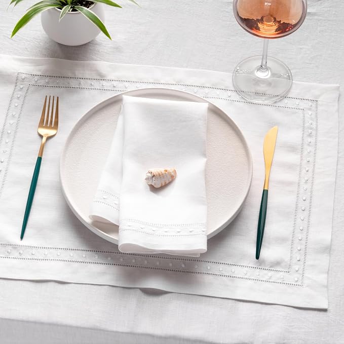Linen Napkins Set of 4-100% Flax Linen White Dinner Napkins with Embroidered Dot 18 x 18 inch - Hemstitch Cloth Napkins Washable for Summer and Wedding Decor - Image 9