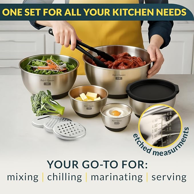 Stainless Steel Mixing Bowls with Lids Set of 5, 3 Graters, Black | Nesting Design with Airtight Covers & Non-Slip Base – Mirror Finish for Food Prep, Storage, Baking & Serving - Image 7