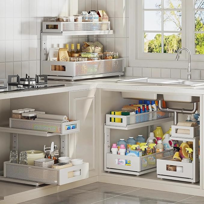 2 Pack 18.5IN-Depth Under Sink Organizer With Next-Gen Ball-Bearing Slides,2-Tier Pull Out Cabinet Storage,Height Adjustable Drawer Shelf for Bathroom,Kitchen,Laundry,Cabinet,Pantry-White - Image 8