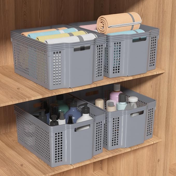 6-Pack Large Stackable Baskets Organizer, Rectangular Plastic Bins | Stackable Storage Bins with Handle, Space-Saving Nesting Design for Shelves, Pantry, Closet, Grey - Image 7