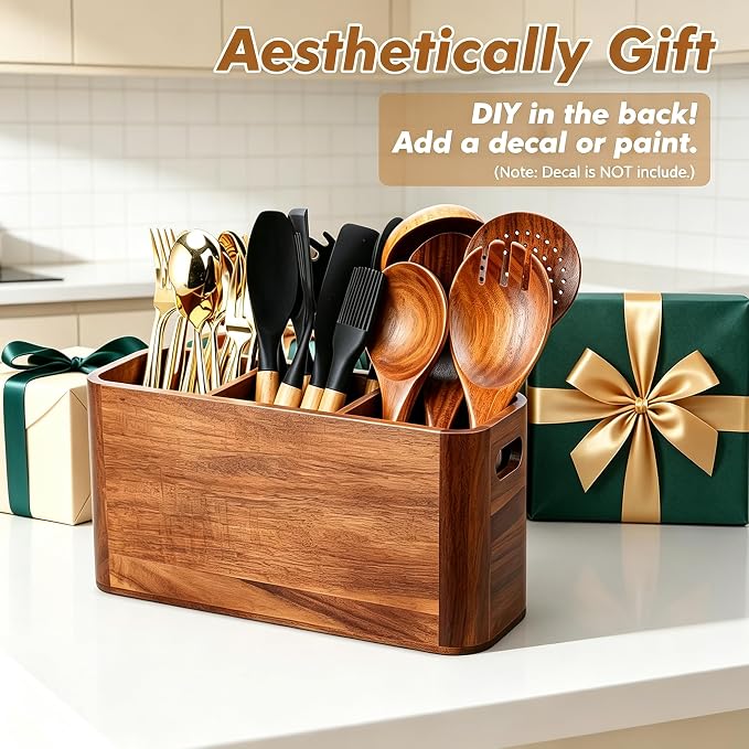 Kitchen Utensil Holder for Counter or Countertop, Extra Large Acacia Wood Organizer with 4 Compartments, Wooden Utensil Holder for Cooking and Silverware, Rustic Wood Container Sturdy Utensil Crock - Image 9