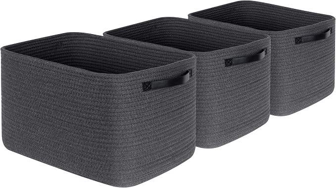 3-Pack Decorative Woven Storage Baskets for Shelves, Cube Bin Box for Organizing Books, Shoes, Dog Toys, Pantry Closet and Living Room Organizer, Charcoal / Black - Image 8