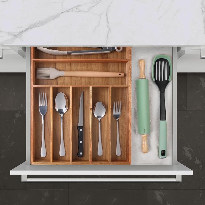 Kitchen Acacia Silverware Organizer - Extra Deep Grooved Drawer Divider, 7 Slot Utensil Organizer - Image 9