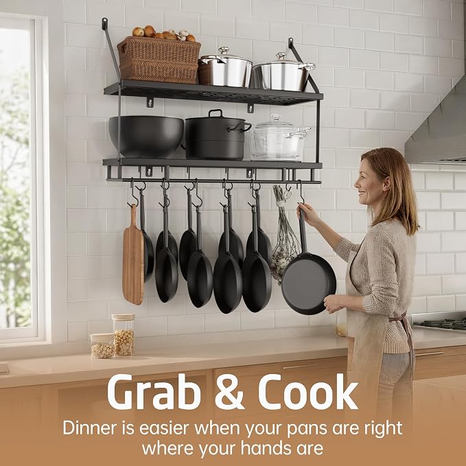 KES 30-Inch Kitchen Pot Rack - Mounted Hanging Rack for Kitchen Storage and Organization - Matte Black 2-Tier Wall Shelf with Guard Rail for Pots and Pans Organizer with 12 Hooks - KUR215S75B-BK - Image 9