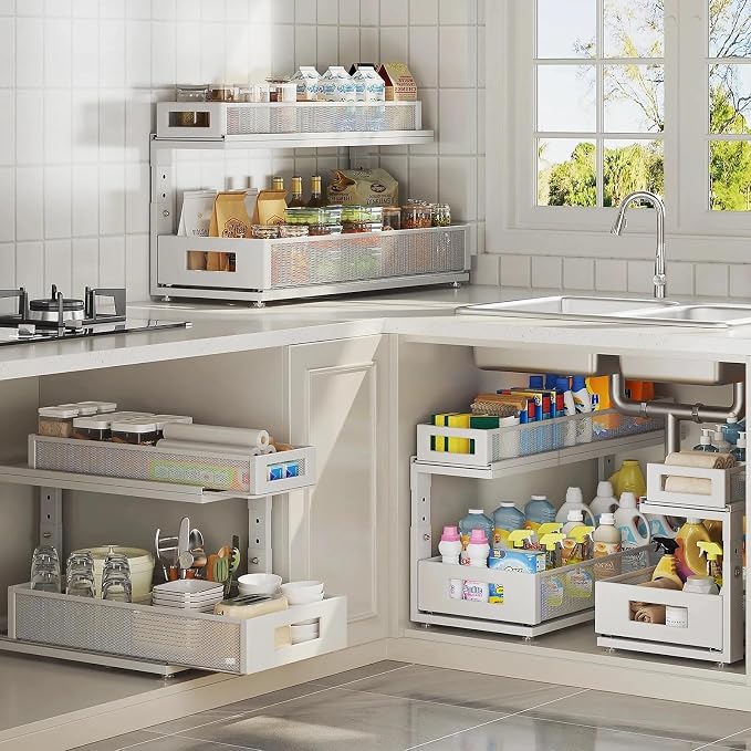 2 Pack 21.3IN-Depth Under Sink Organizer With Next-Gen Ball-Bearing Slides,2-Tier Pull Out Cabinet Storage,Height Adjustable Drawer Shelf for Bathroom,Kitchen,Laundry,Cabinet,Pantry-White - Image 8