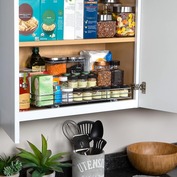 Pull-Out Cabinet Spice Rack Organizer, 20 ⅜"W x 10 ⅜"D x 2 ¾"H | Slim Slide-Out Storage for Spices, Bottles & Jars, Premium Heavy-Duty Steel, Easy Install for Narrow Kitchen Cabinets, Chrome - Image 9