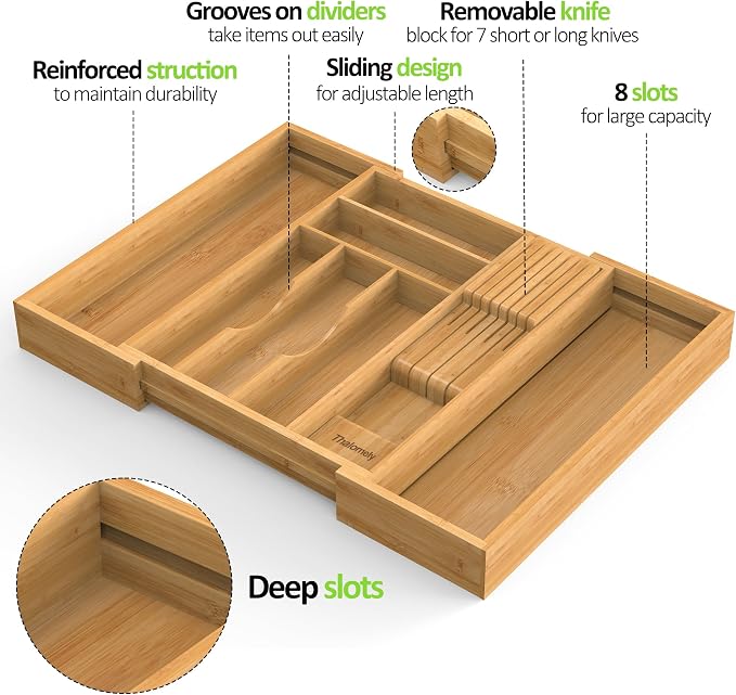 Bamboo Kitchen Drawer Organizer, Expandable Silverware Organizer with Removable Knife Block, 6-8 Slots- Utensil Holder & Cutlery Tray Drawer Dividers, 2.36" Deep for Extra Capacity, Natural - Image 9