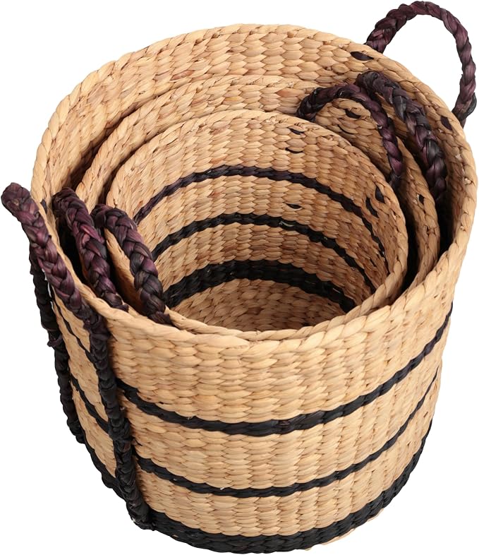 happimess Willow 3-Piece Nesting Hyacinth Baskets 19", Natural/Black | Handwoven, Rustic Cottage Stripe, Integrated Side Handles, Decorative Storage Containers, Living Room, Bedroom - Image 8