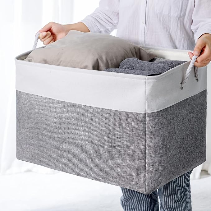 Storage Bins Baskets for Organizing, 20.5L×15.7W×13.8H 3 Pack Sturdy Fabric Storage Basket W/Handles, Decorative Foldable Storage Baskets for Shelves Closet Nursery Toy (White & Grey) - Image 7