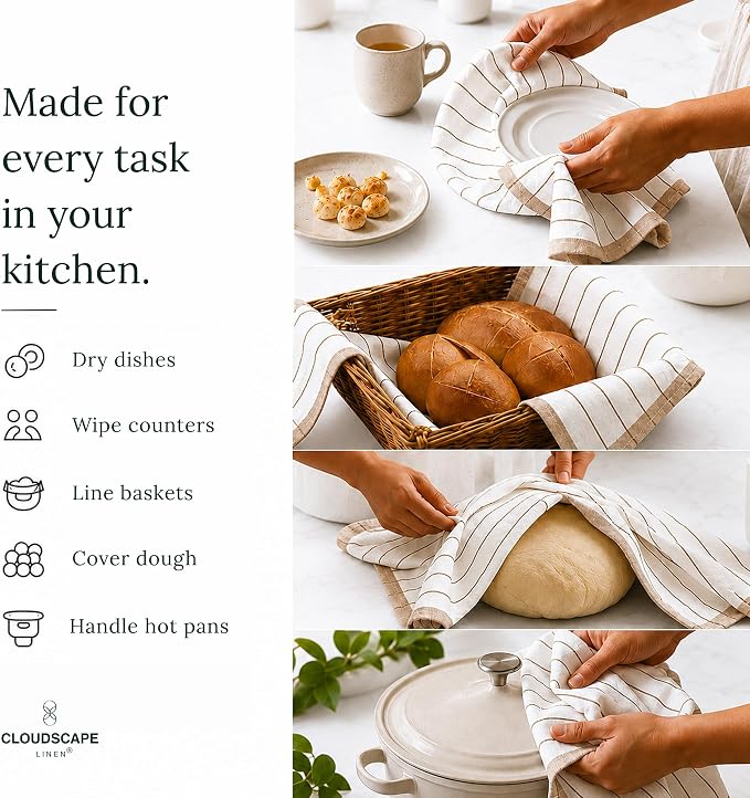 Cloud Scape Linen Premium Cotton Kitchen Towels Set - 6 Pack : Quick-Drying, Highly Absorbent, Durable, 18”x28”, Stripe Hand Towels with Hanging Loop, Dish Towel for Cleaning & Drying Dishes- Beige - Image 9