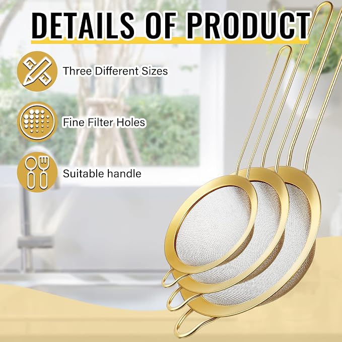 Norme 5 Quart Stainless Steel Gold Colander and 3 Pcs Gold Fine Mesh Strainer, Stainless Steel Pasta Rice Food Metal Strainer with Handles, Easy Clean and Dishwasher Safe - Image 7