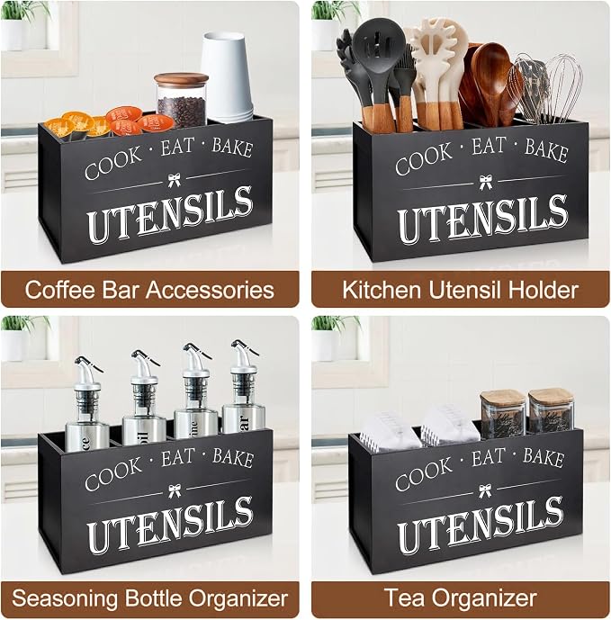 Extra Large Kitchen Utensil Holder with 4 Compartments, Wooden Countertop Organizer, Rustic Black Farmhouse Decor for Cooking Tools, Spoons, Spatulas, Knives & Forks - Image 4