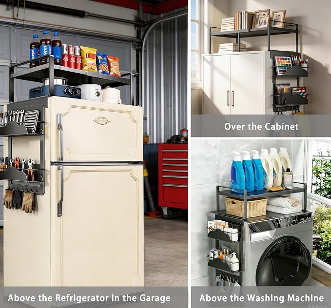 Adjustable Over The Fridge Organizer Side Magnetic Spice Rack,12.4"-23.62" Expandable Top Shelf with Hook & Magnetic Dual Fixed Spice Rack, Fits Most Large Kitchen Laundry Appliances,Dark Grey - Image 8