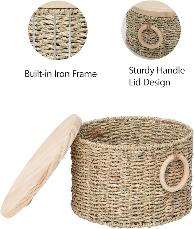 Woven Seagrass Storage Basket Set of 2 with Lids | Stackable Rectangular Baskets,Decorative Natural Storage for Organization, Home, Closet, Desktop & Shelves - Image 7
