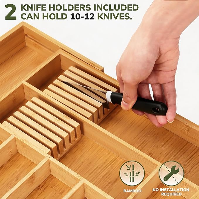 BAMEOS Bamboo Drawer Organizer Expandable Kitchen Silverware Organizer with 7-9 Deep Compartments, Bamboo Reinforced Cutlery Tray, Adjustable Utensil Holder for Kitchen(16.1"-22.4" Wide, Natural) - Image 7