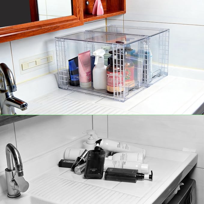 High Clear Stackable Storage Drawers(4 Pack), High-strength Plastic Organizer Bins with Handles for Skincare Bathroom Cabinet Vanity Undersink Kitchen Pantry BPA-Free Storage Containers - Image 9