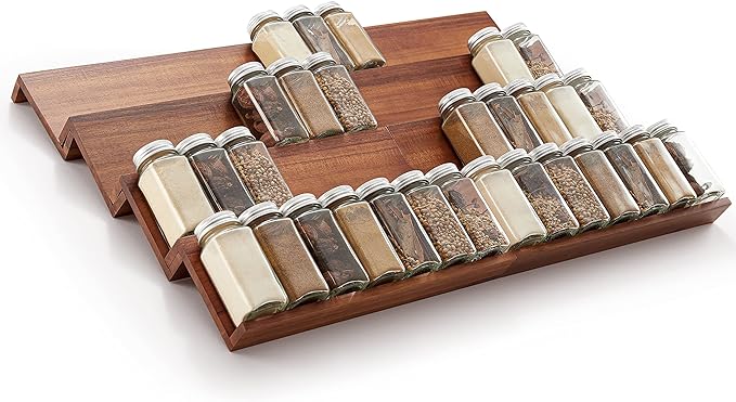 Tinamo Acacia Wooden Spice Rack Organizer for Cabinet - Spice Drawer Insert, Spice Organization for Cabinet, Seasoning Organizer, 4-Tier Spice Jar Rack for Drawer, Spice Holder Pack of 8 (64 Jars) | Acacia Wood Construction, No assembly, Stackable 4-tr... - Image 7