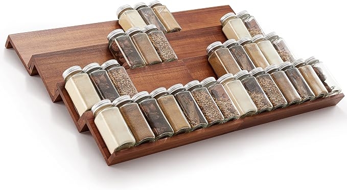 Tinamo Acacia Wooden Spice Rack Organizer for Cabinet - Spice Drawer Insert, Spice Organization for Cabinet, Seasoning Organizer, 4-Tier Spice Jar Rack for Drawer, Spice Holder Pack of 8 (64 Jars) | Acacia Wood Construction, No assembly, Stackable 4-tr... - Image 7
