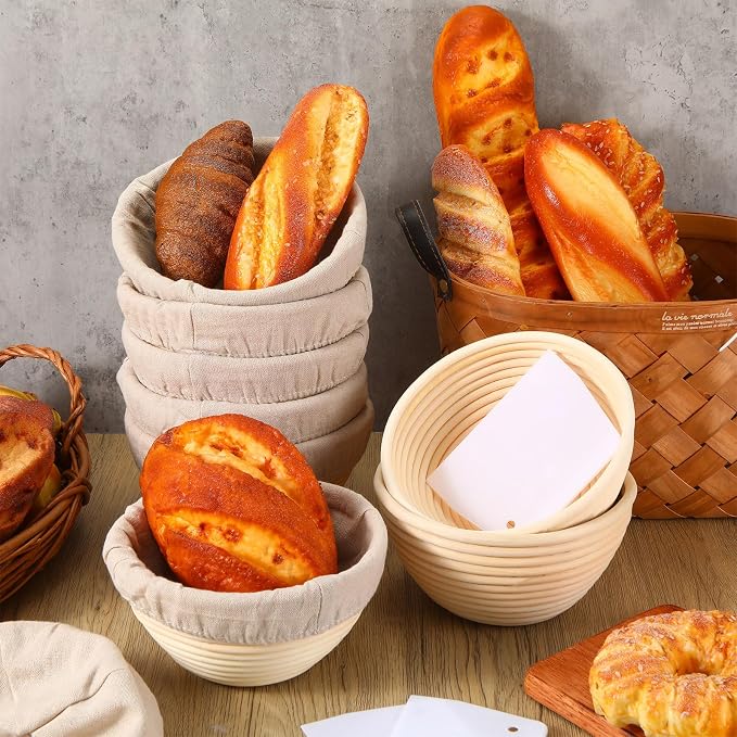 Irenare 10 Pcs Bread Banneton Proofing Basket Round Dough Sourdough Proofing Basket Rattan Bakery Baking Bread Bowl with Liner and Scraper Tool Set for Starter Gifts Professional Home Bakers (7 Inch) - Image 6