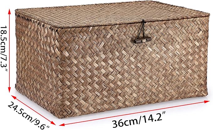 Hipiwe Wicker Shelf Baskets Bin with Lid Large Handwoven Basket Box, Coffee | Natural Seagrass Storage Baskets, Rectangular Household Basket Boxes for Shelf Wardrobe Home Organizer - Image 6