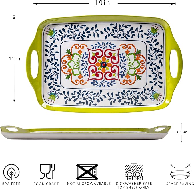 Large Serving Platter with Handles,19”x12”Large Rectangular Melamine Serving Tray Set of 2, Kitchen Food and BBQ Serving Platter, Talavera Grilling Prep and Serve Tray, Dishwasher Safe - Image 6